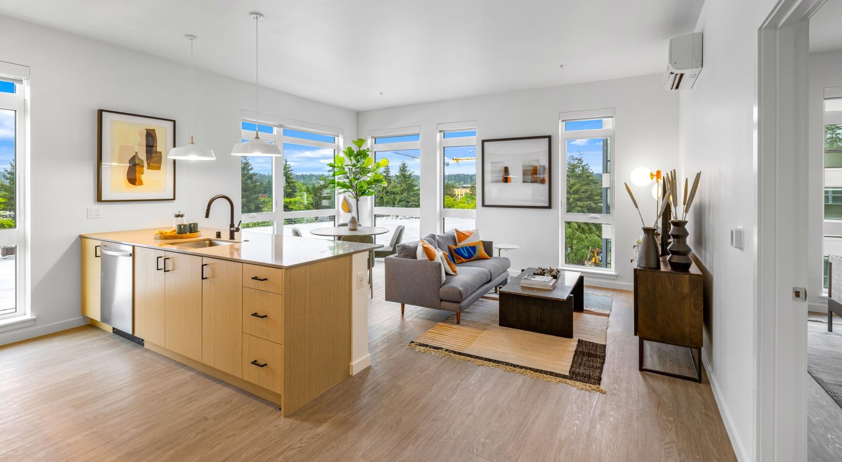 Relax and unwind in stylish living spaces a large kitchen with a large island