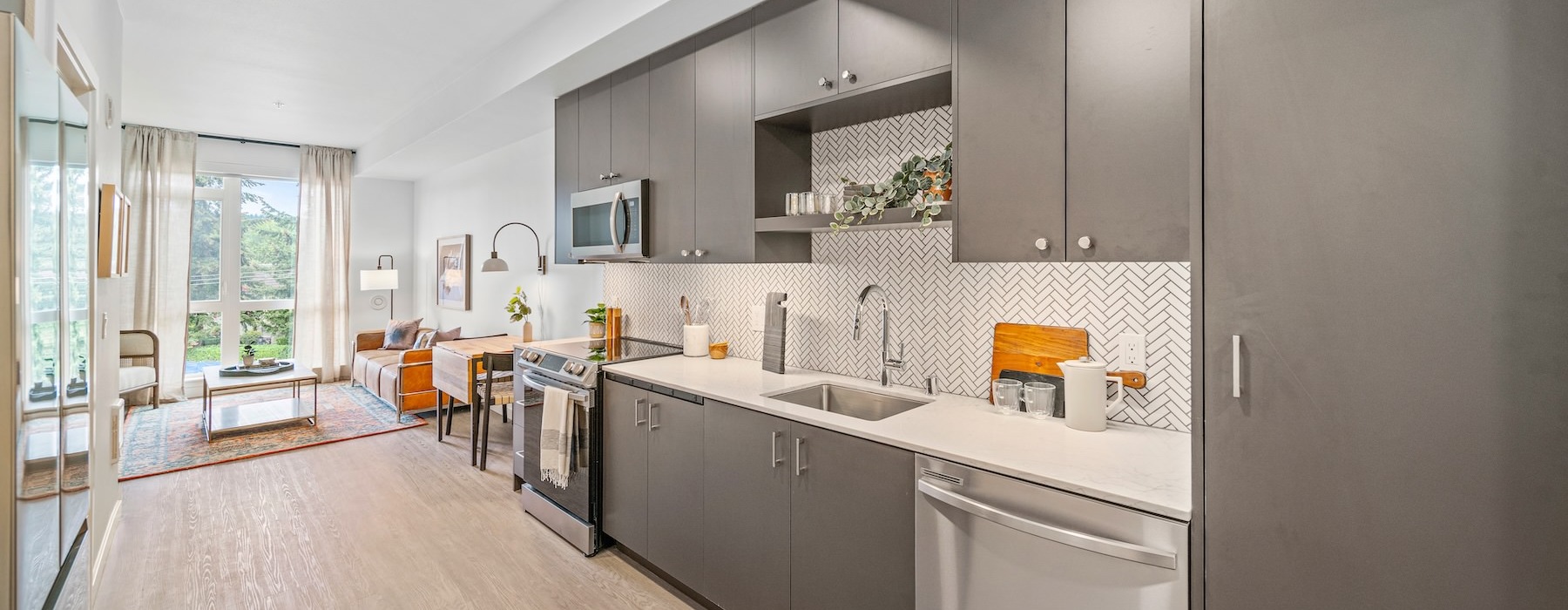 a kitchen with a wood floor