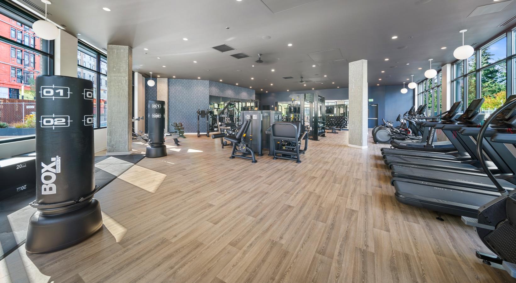 Access to resident-only features a gym with exercise equipment